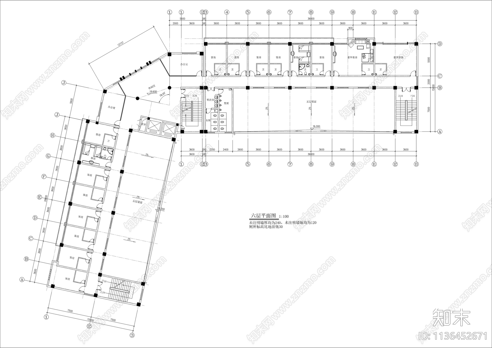 L型公司综合办公楼建筑cad施工图下载【ID:1136452671】