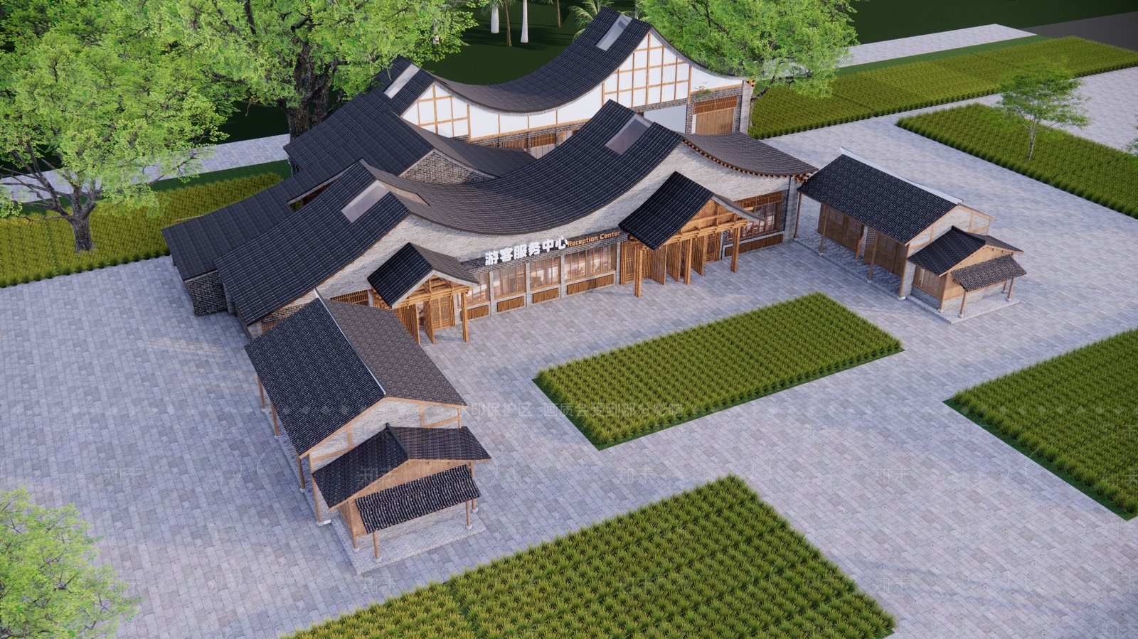 新中式生态办公建筑SU模型下载【ID:1136454081】