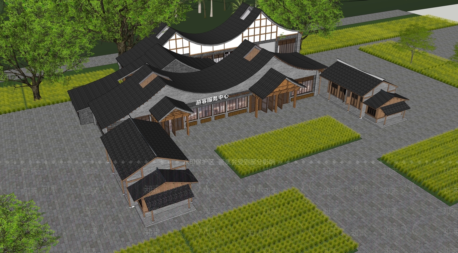 新中式生态办公建筑SU模型下载【ID:1136454081】