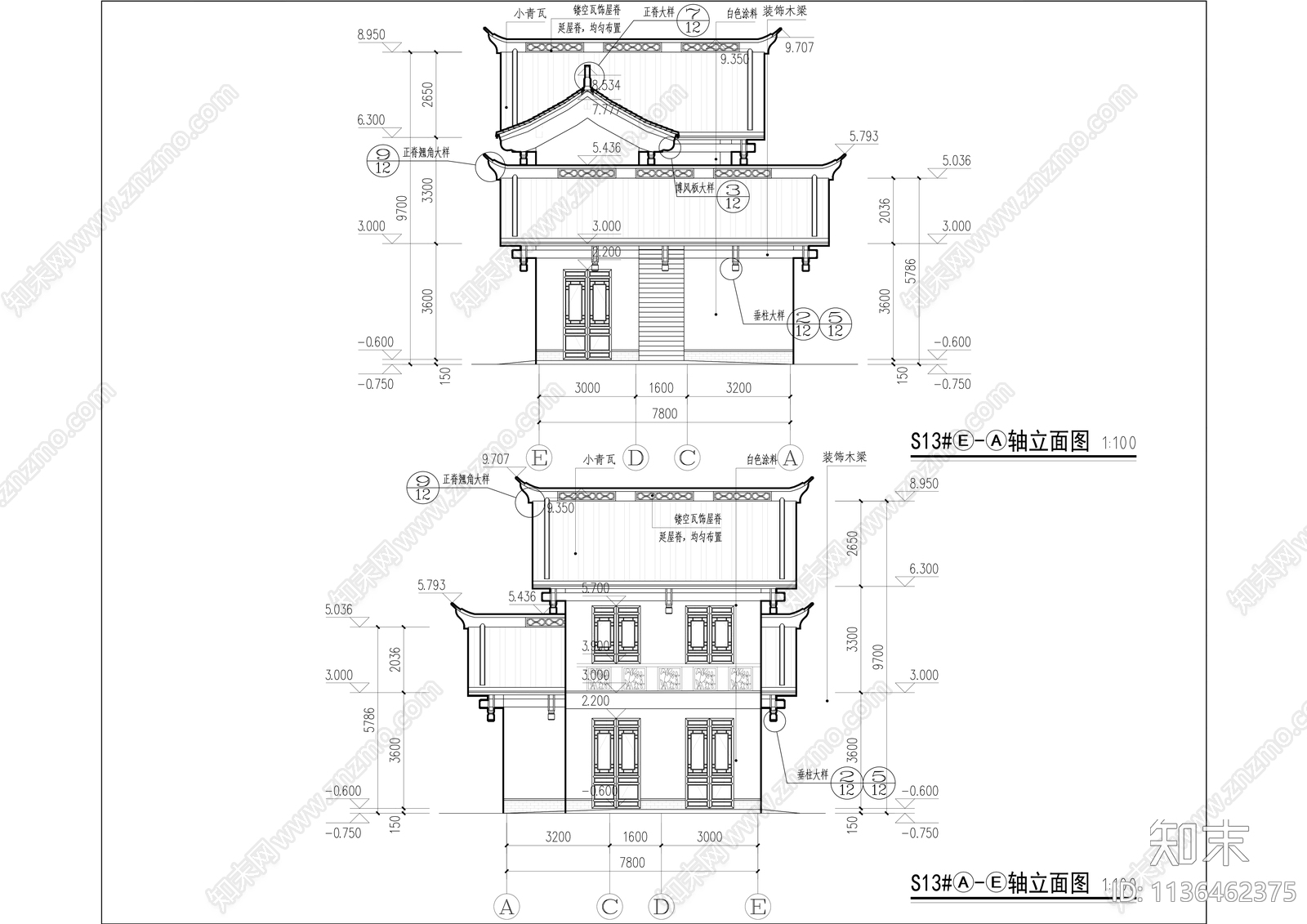 中式商业街建筑cad施工图下载【ID:1136462375】