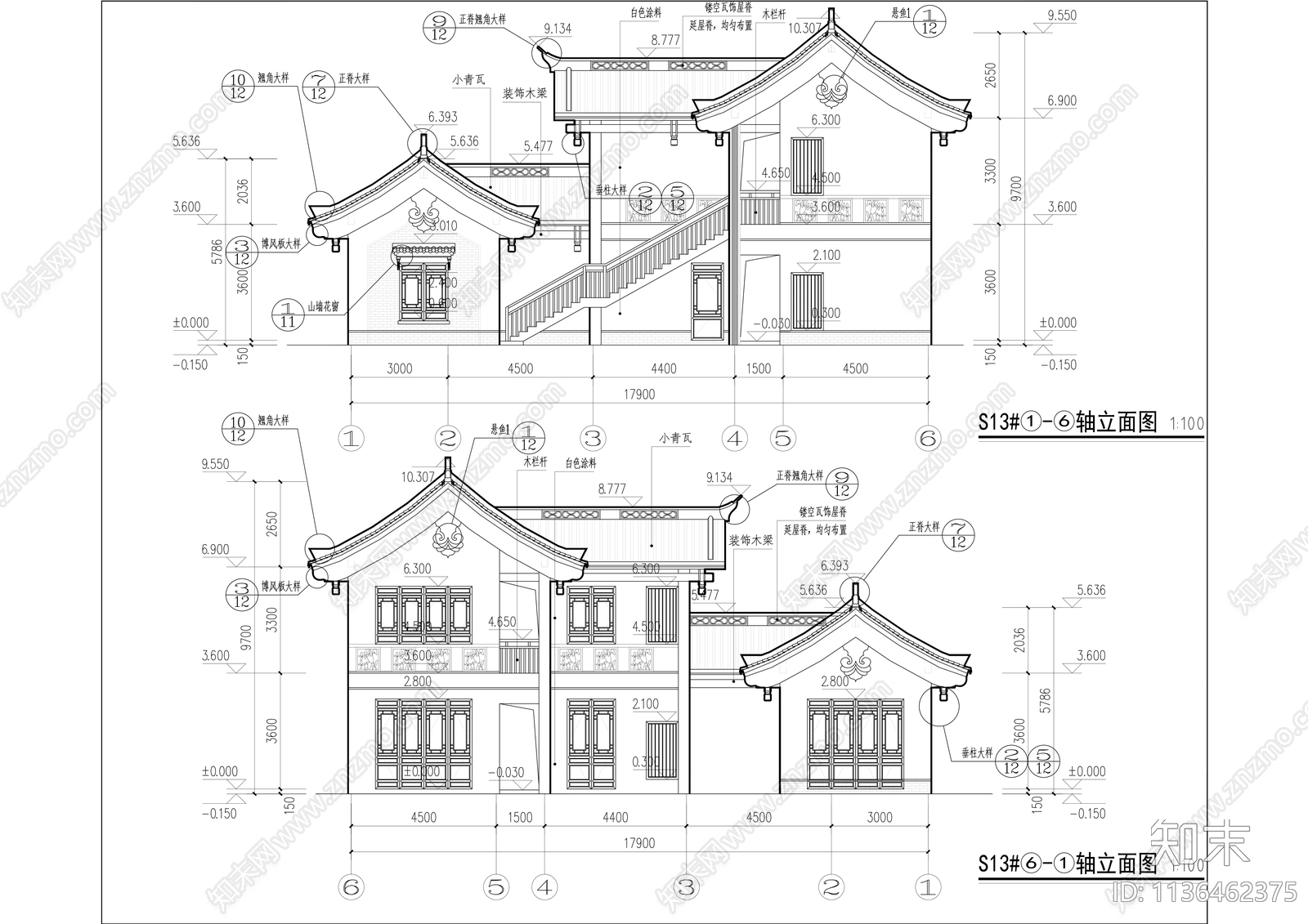 中式商业街建筑cad施工图下载【ID:1136462375】