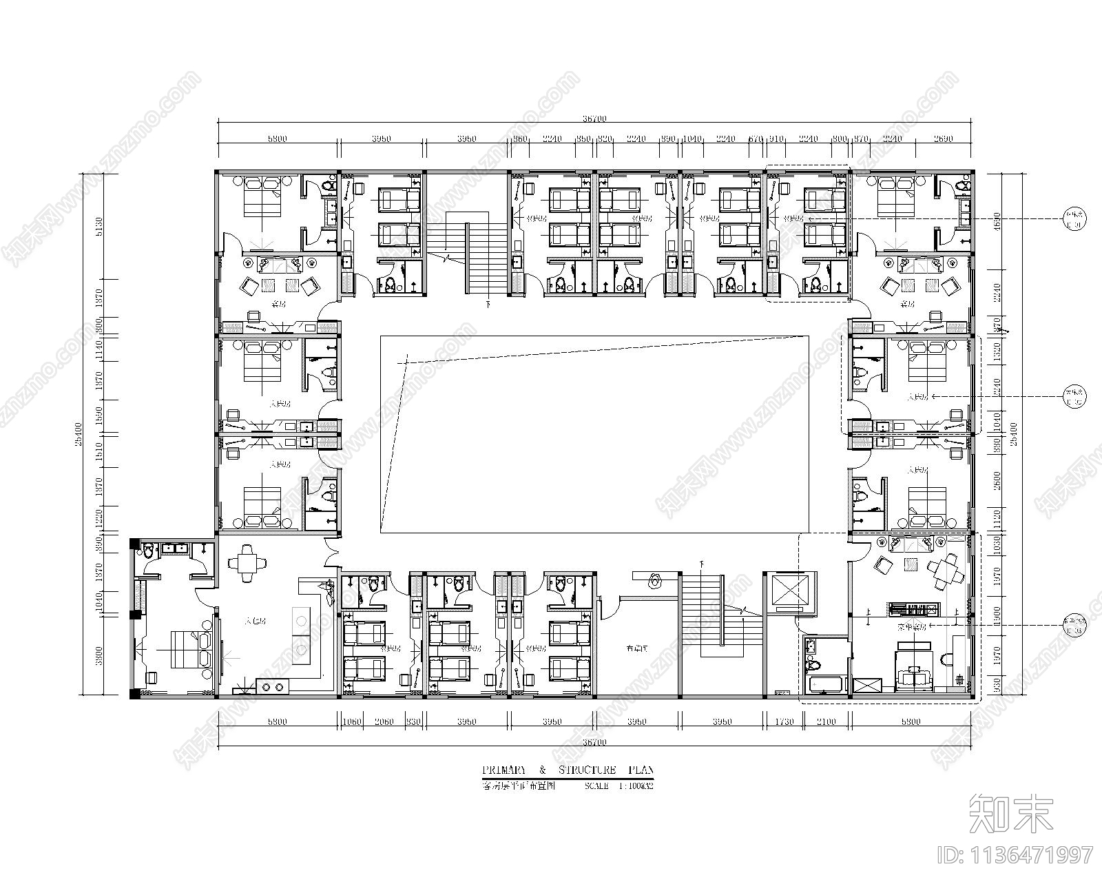 客房标间大床房套房cad施工图下载【ID:1136471997】