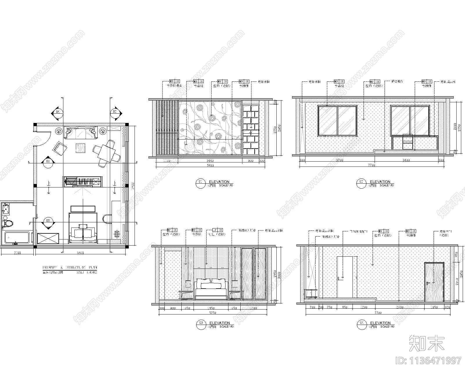 客房标间大床房套房cad施工图下载【ID:1136471997】