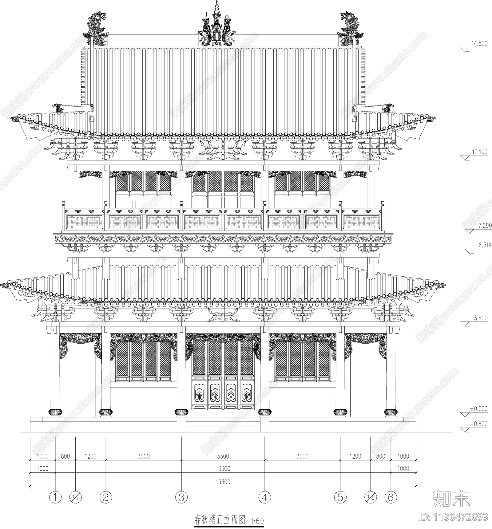 春秋楼古建筑cad施工图下载【ID:1136472693】