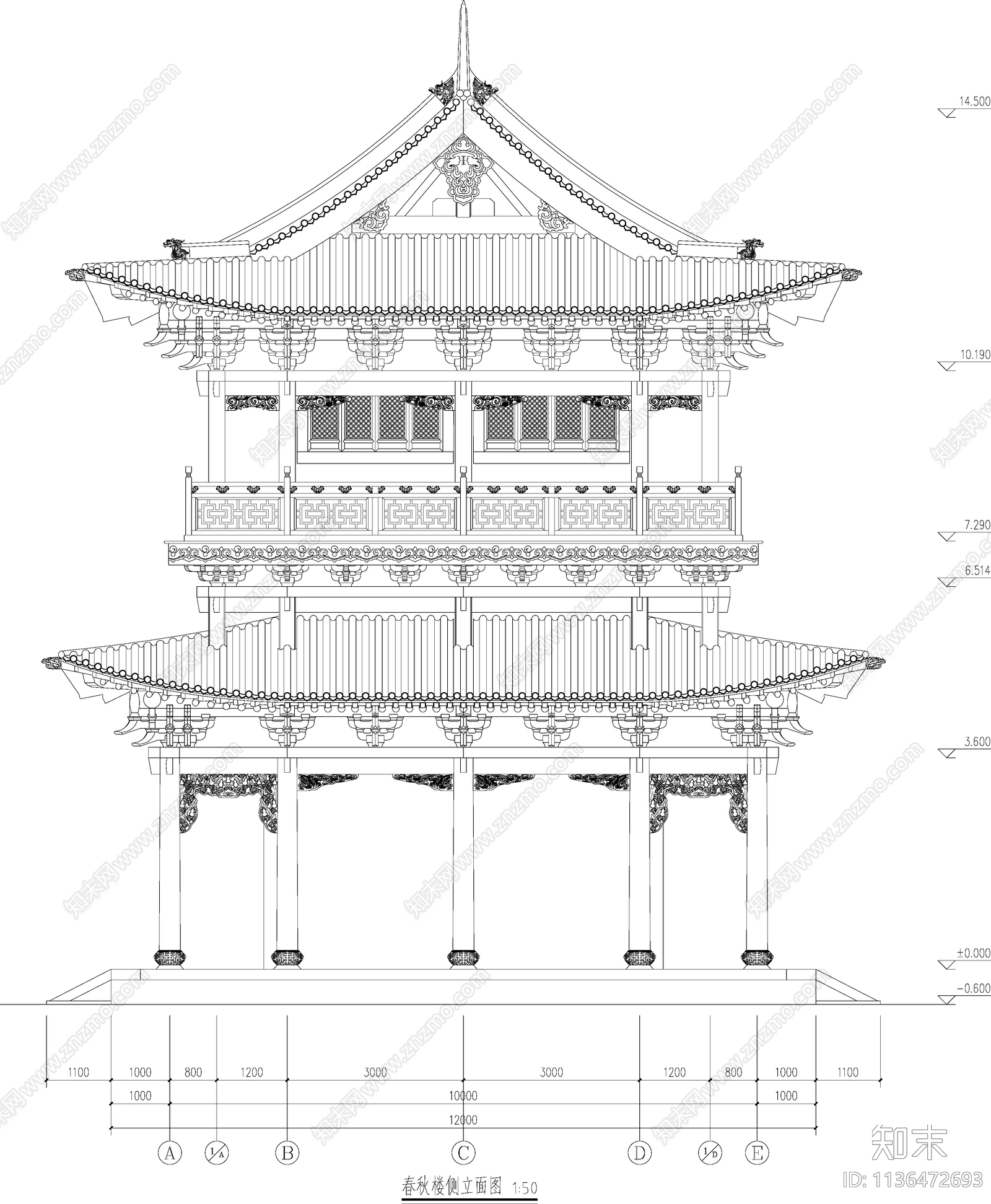 春秋楼古建筑cad施工图下载【ID:1136472693】