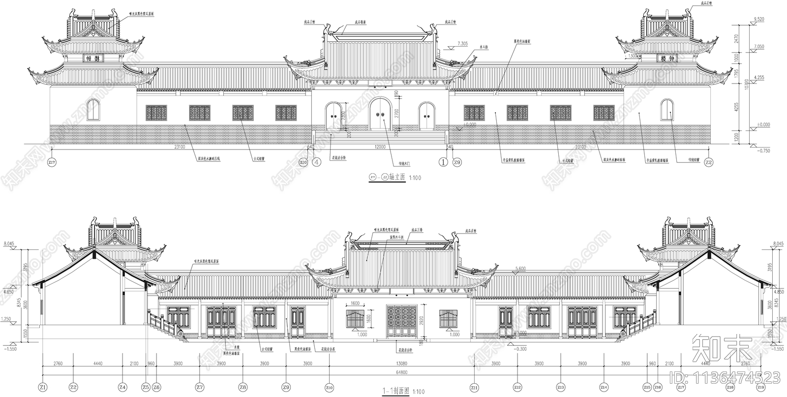 法堂古建筑cad施工图下载【ID:1136474523】