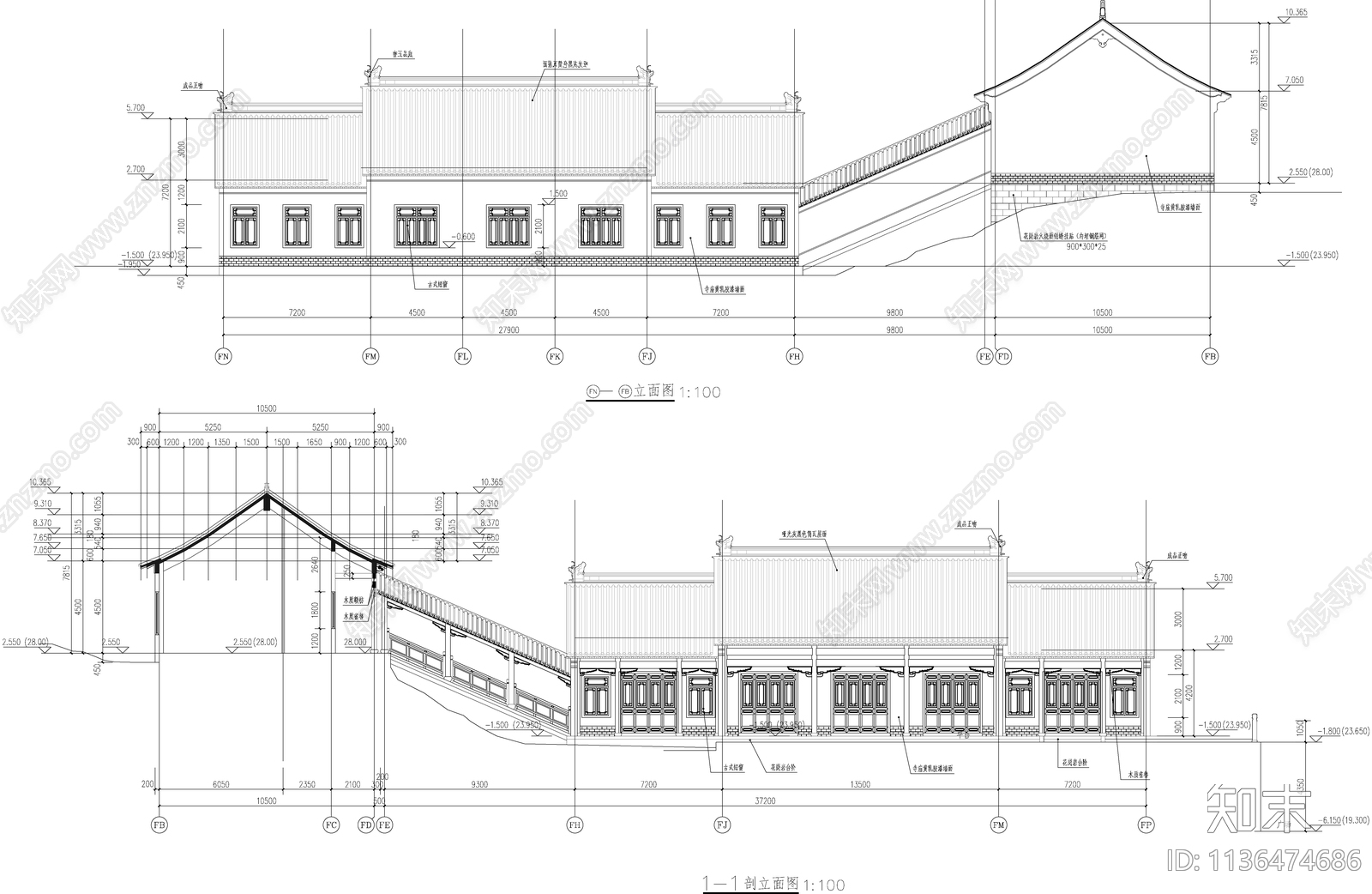 法堂裙房古建筑cad施工图下载【ID:1136474686】