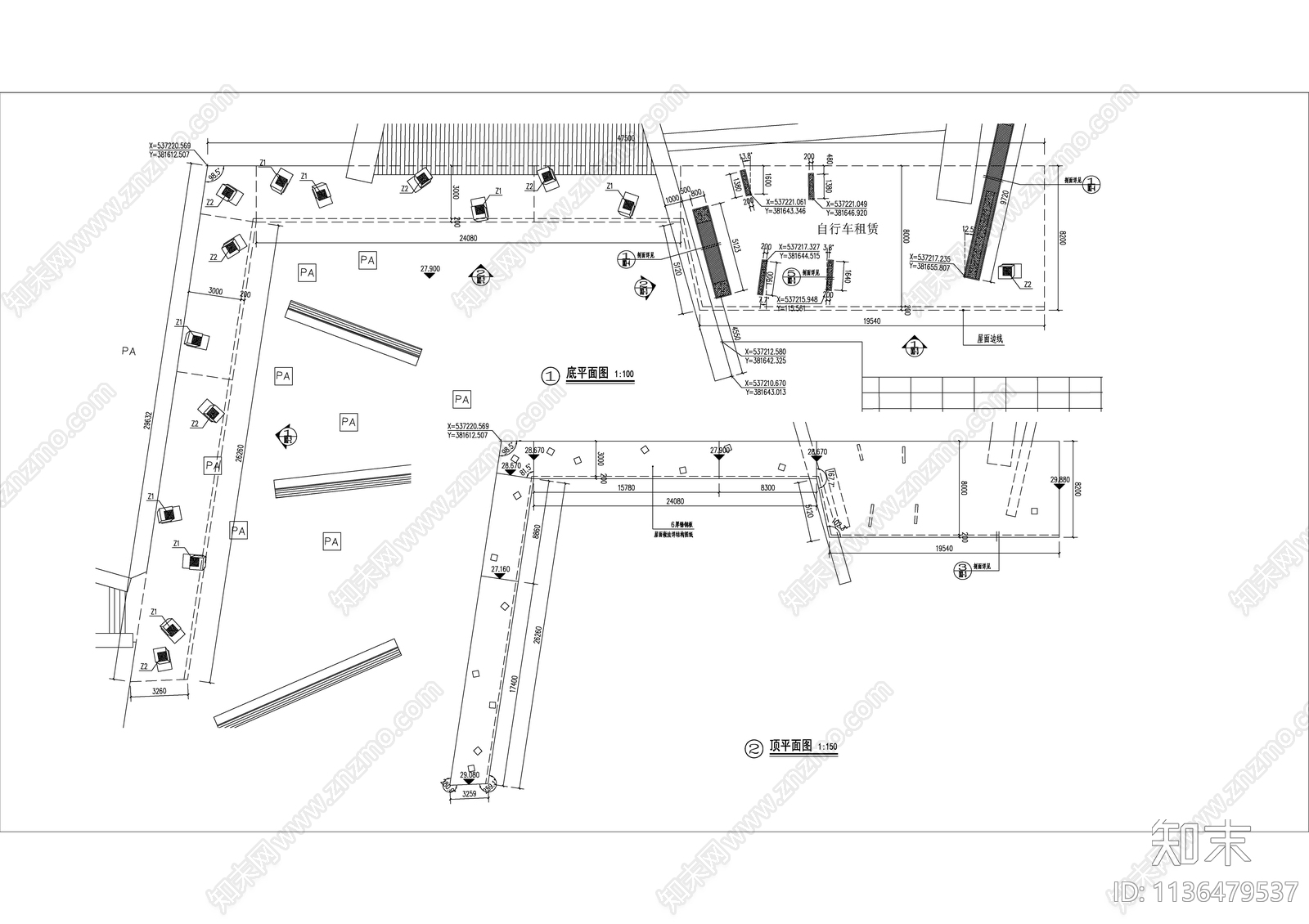 自行车停车棚详图cad施工图下载【ID:1136479537】