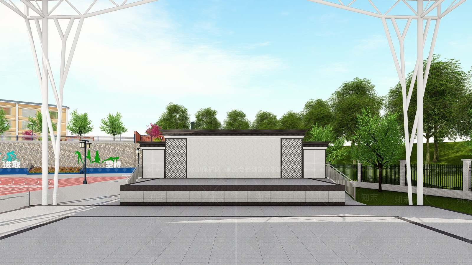 现代校园景观主席台SU模型下载【ID:1136827600】