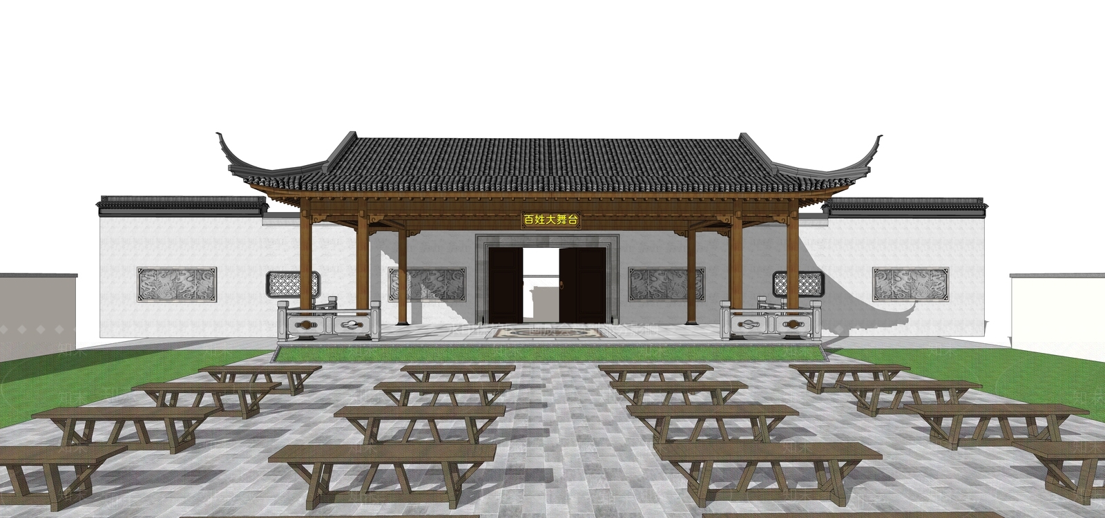 新中式乡村振兴戏台SU模型下载【ID:1136494371】_知末su模型网