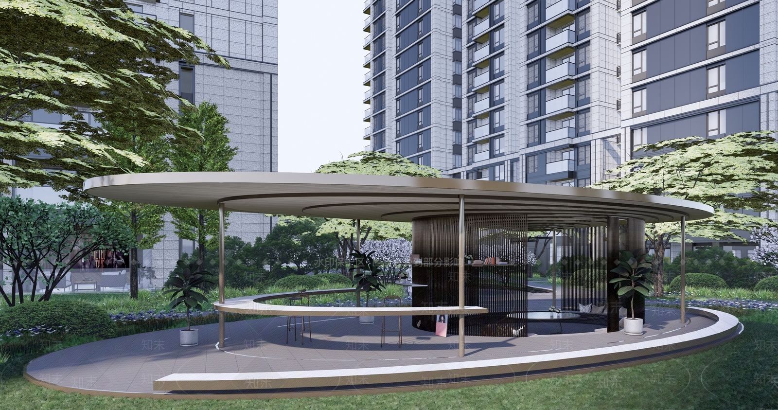 现代弧形景观廊架SU模型下载【ID:1136494713】