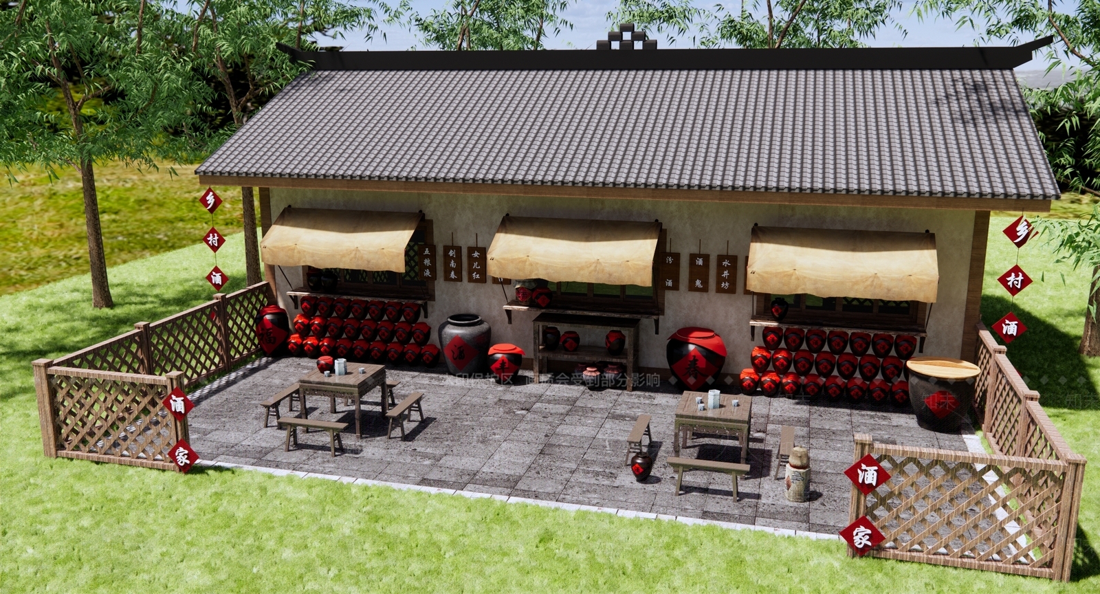 中式酒馆外摆SU模型下载【ID:1136497474】