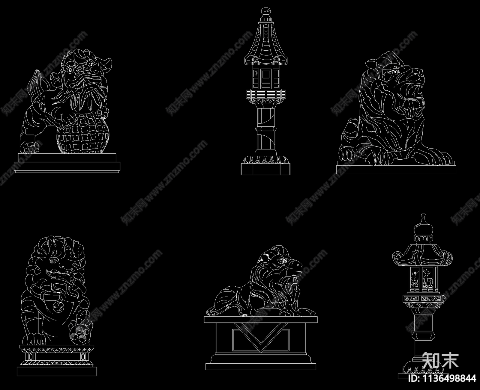 石狮子雕像喷泉中式柱子施工图下载【ID:1136498844】