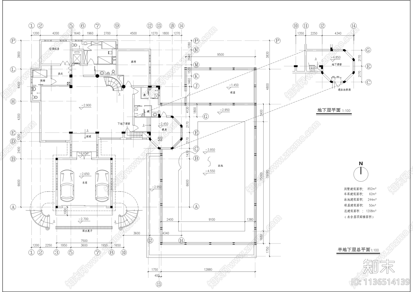 一千二百平带游泳池豪华别墅建筑cad施工图下载【ID:1136514139】