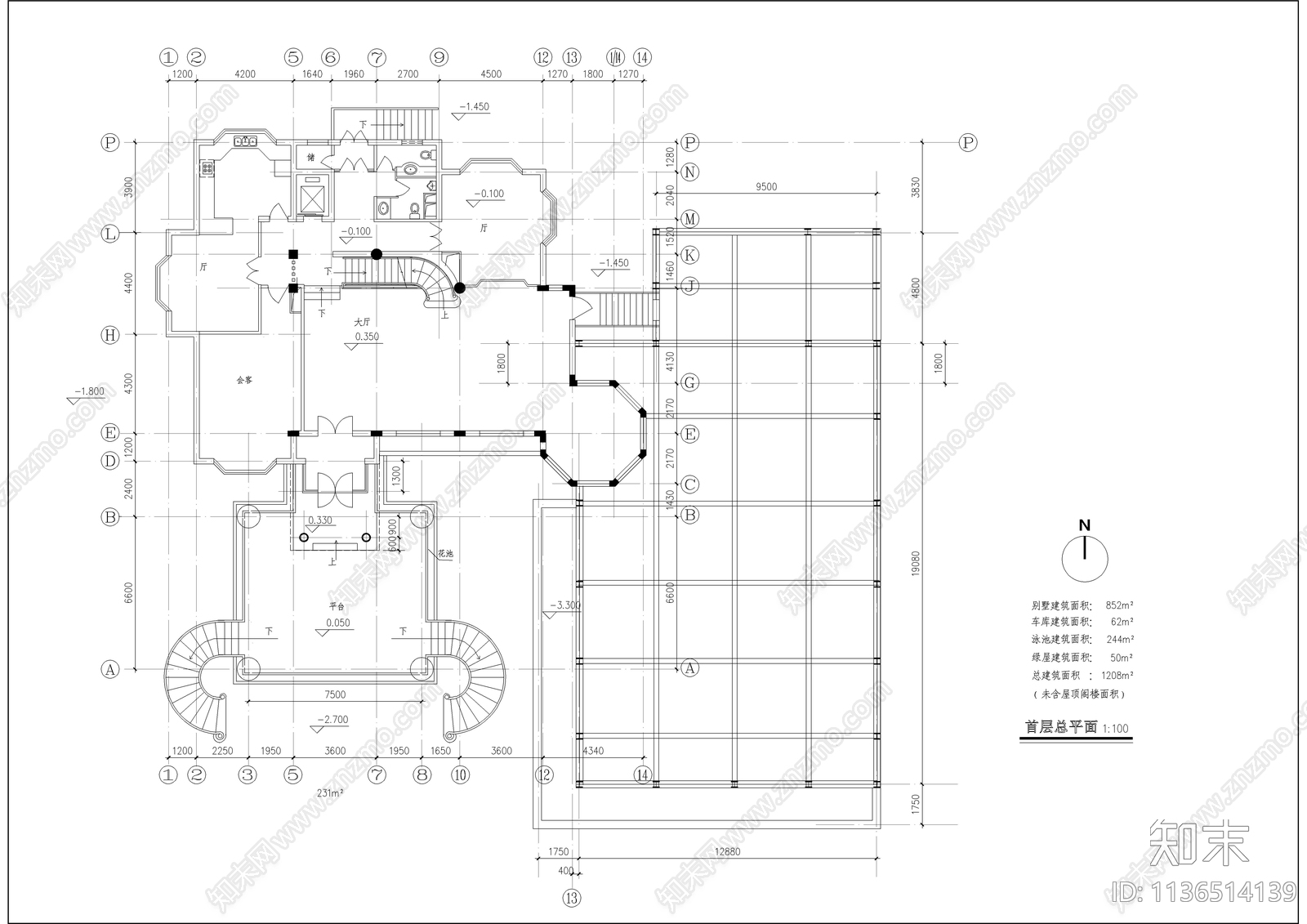 一千二百平带游泳池豪华别墅建筑cad施工图下载【ID:1136514139】