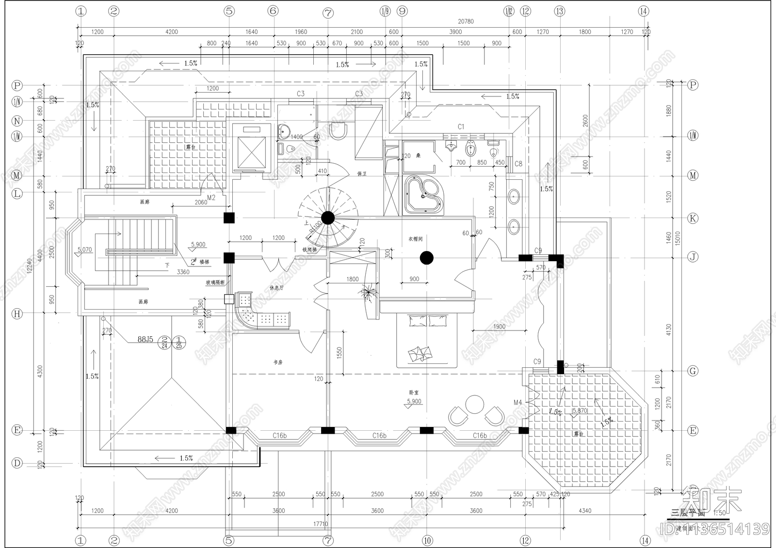 一千二百平带游泳池豪华别墅建筑cad施工图下载【ID:1136514139】