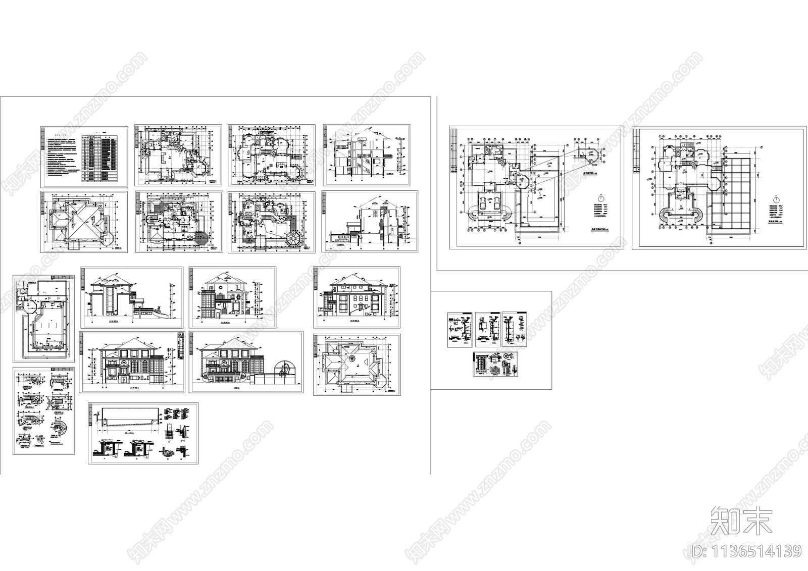 一千二百平带游泳池豪华别墅建筑cad施工图下载【ID:1136514139】