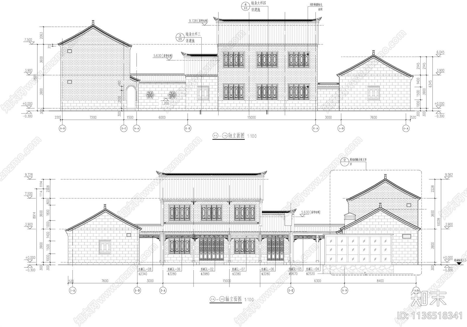 古建筑别墅cad施工图下载【ID:1136518341】