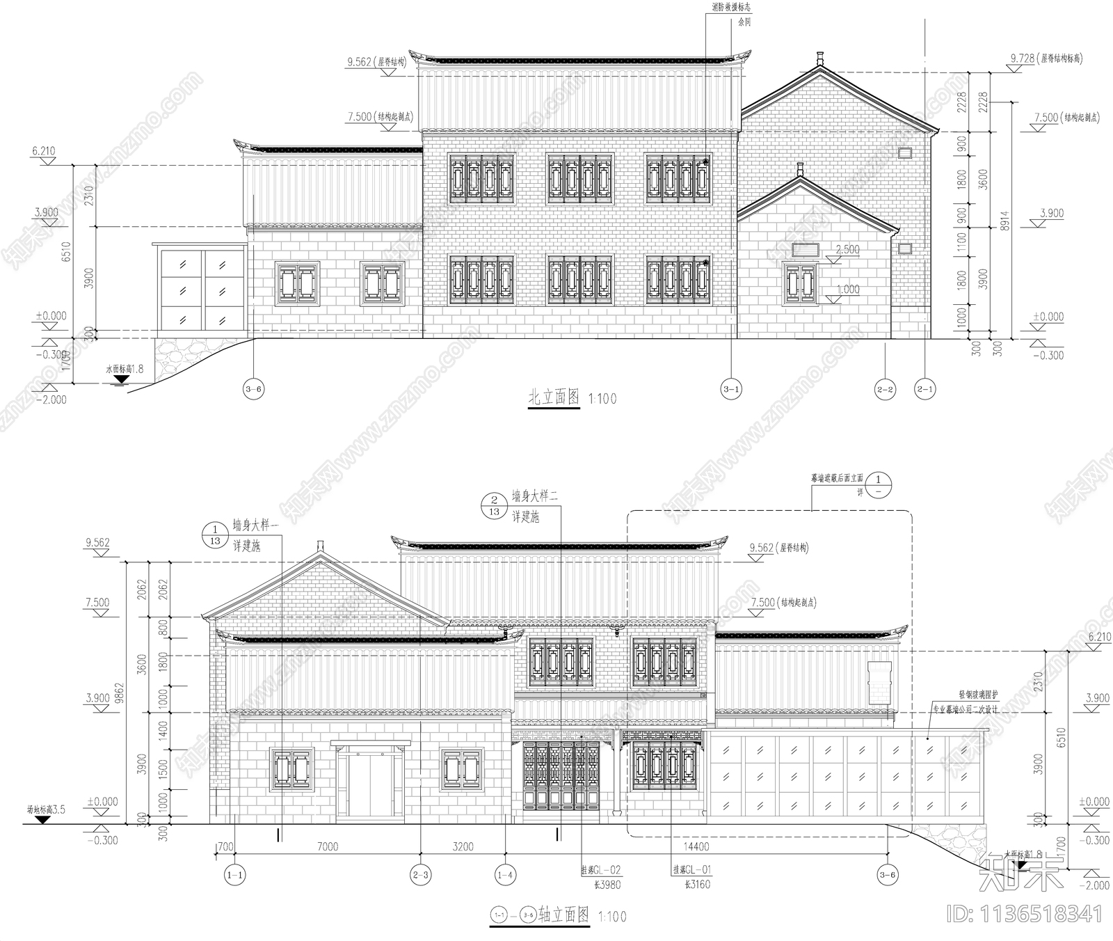 古建筑别墅cad施工图下载【ID:1136518341】