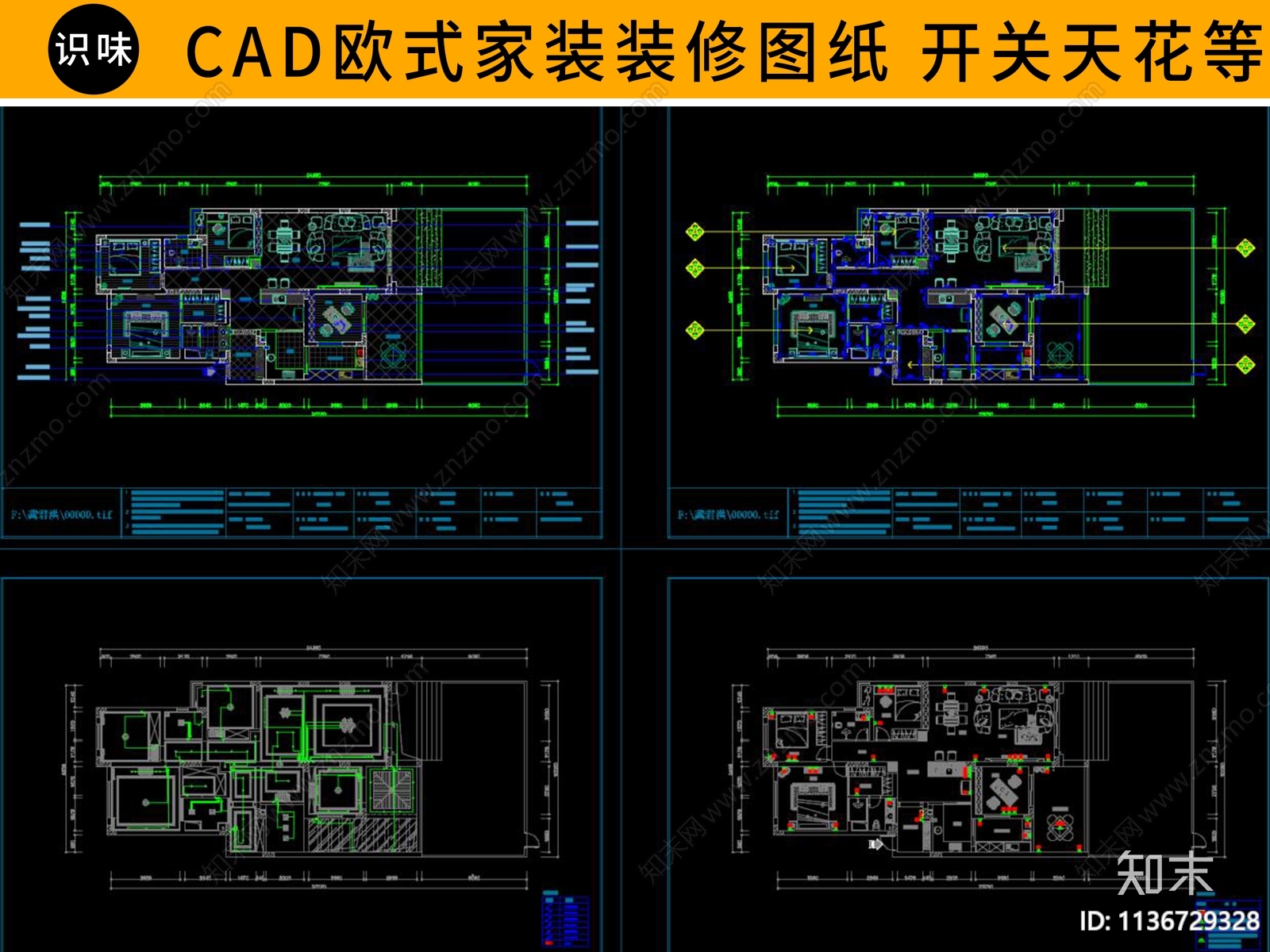 欧式家装别墅cad施工图下载【ID:1136729328】