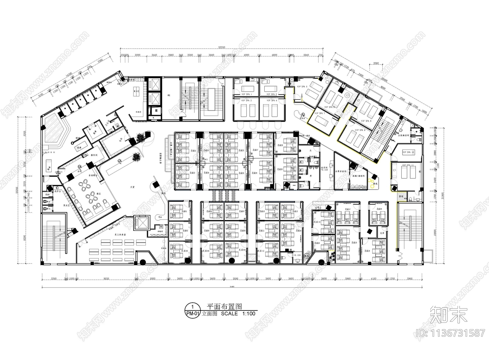足浴会所平面cad施工图下载【ID:1136731587】