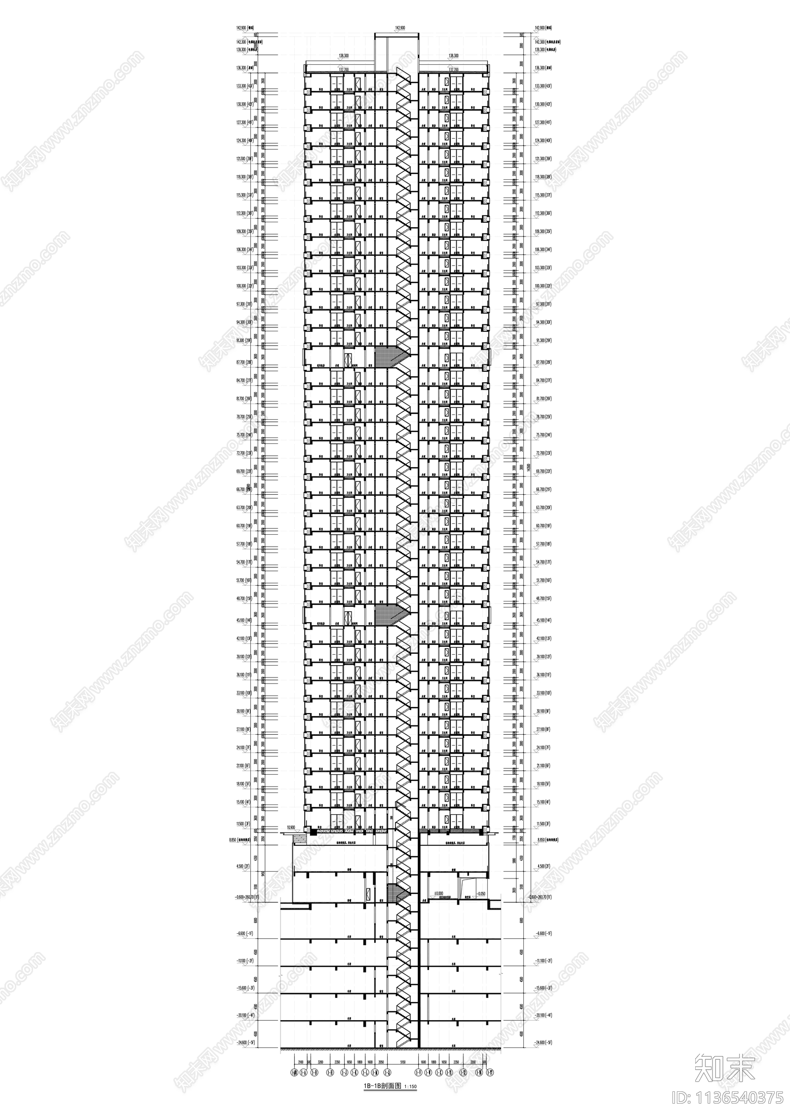 超高层公寓建筑全套cad施工图下载【ID:1136540375】