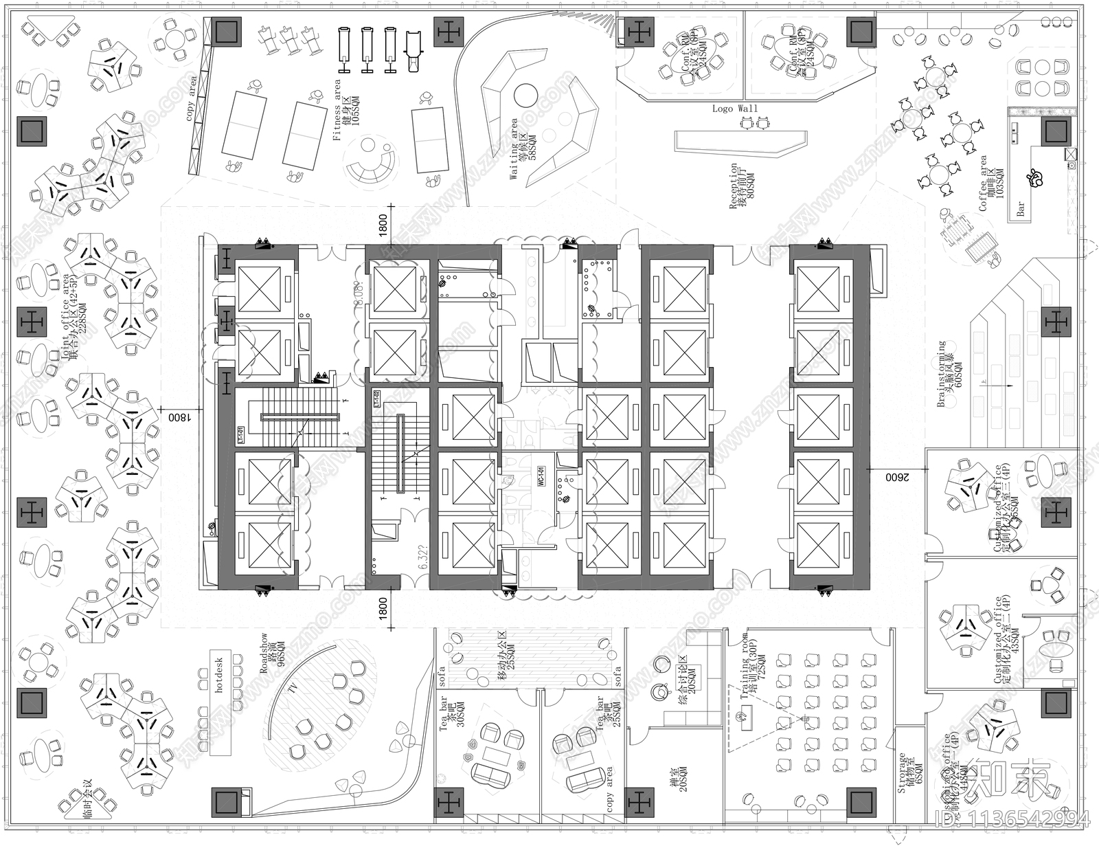 办公空间平面图施工图下载【ID:1136542994】