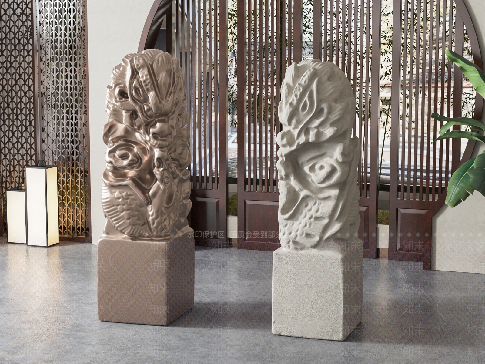 新中式石雕摆件组合3D模型下载【ID:1136558143】