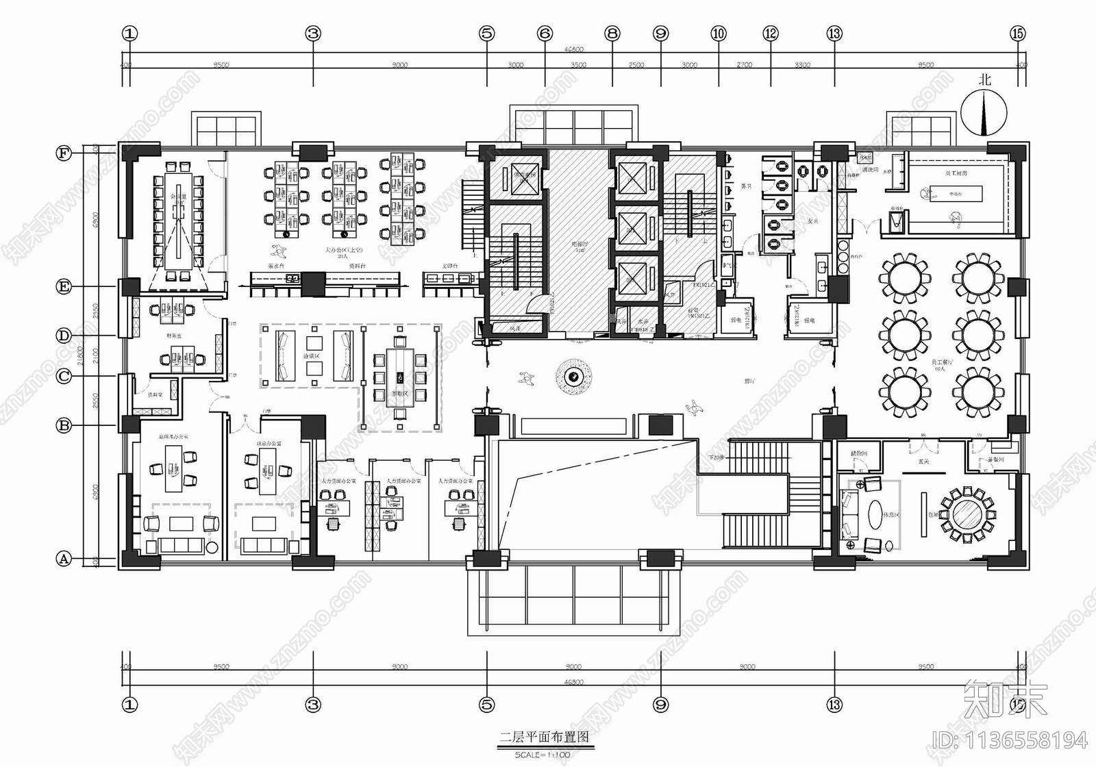 2000㎡办公室室内cad施工图下载【ID:1136558194】