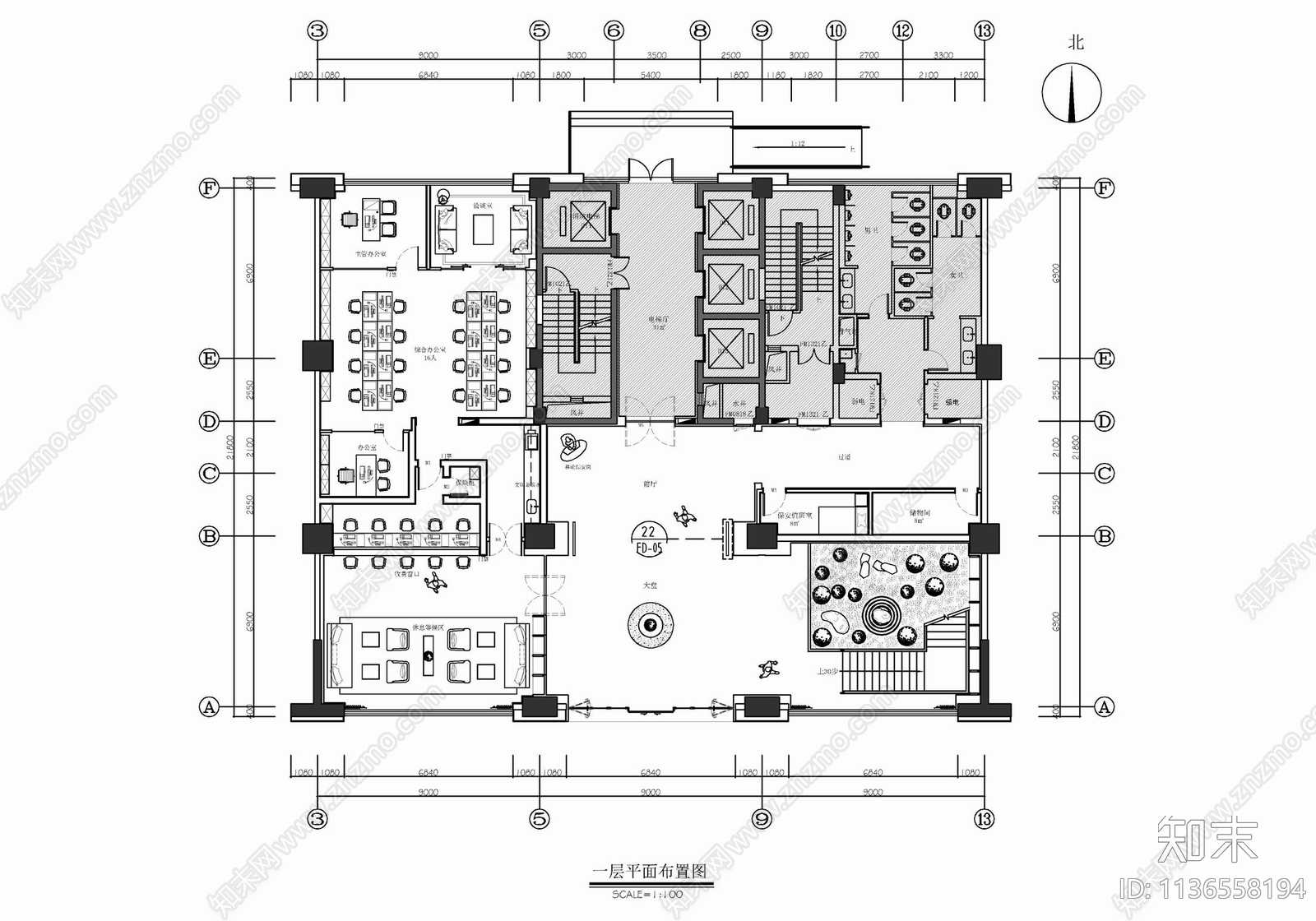 2000㎡办公室室内cad施工图下载【ID:1136558194】