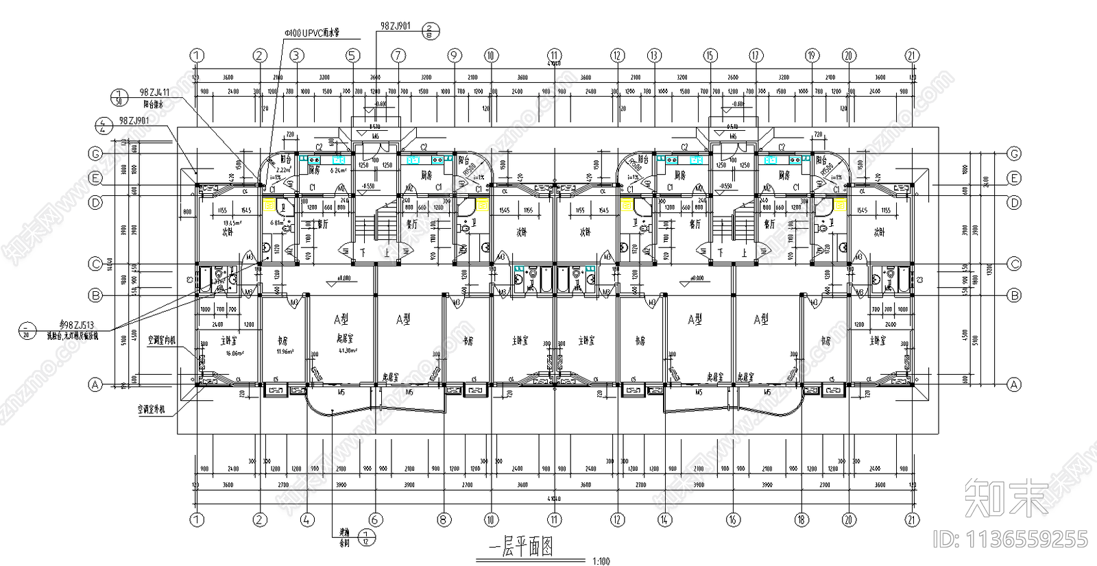 湖北省武汉市江夏区姜家畈住宅小区1号楼cad施工图下载【ID:1136559255】