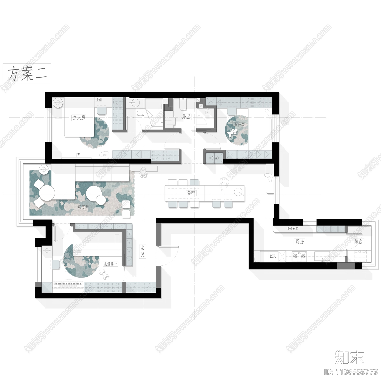 120平家装平面方案cad施工图下载【ID:1136559779】