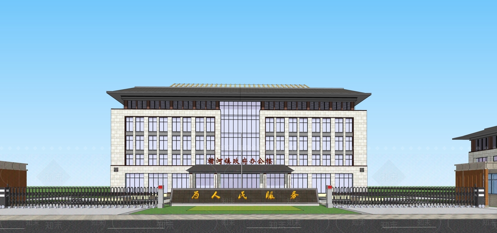 中式简约多层办公楼SU模型下载【ID:1136560271】