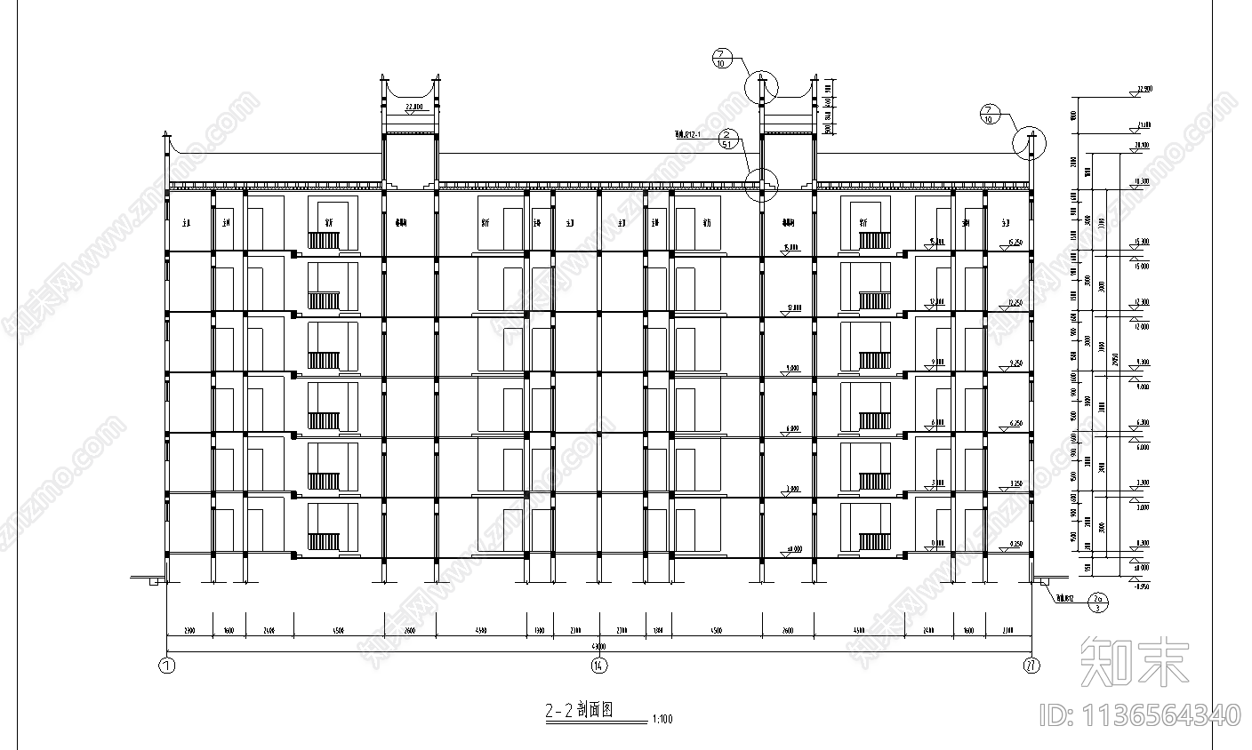 某六层砖混住宅建筑cad施工图下载【ID:1136564340】