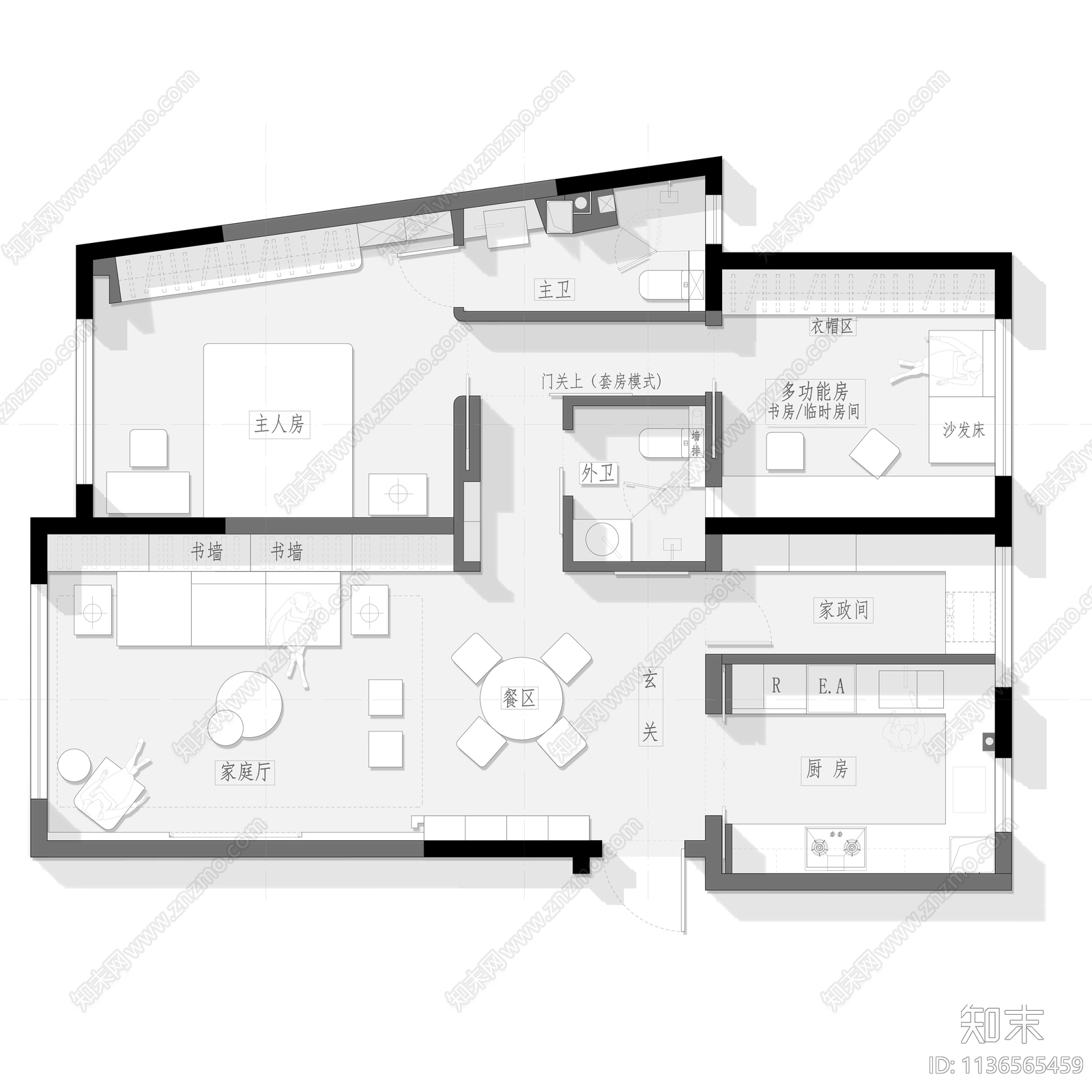 90平家装平面方案cad施工图下载【ID:1136565459】