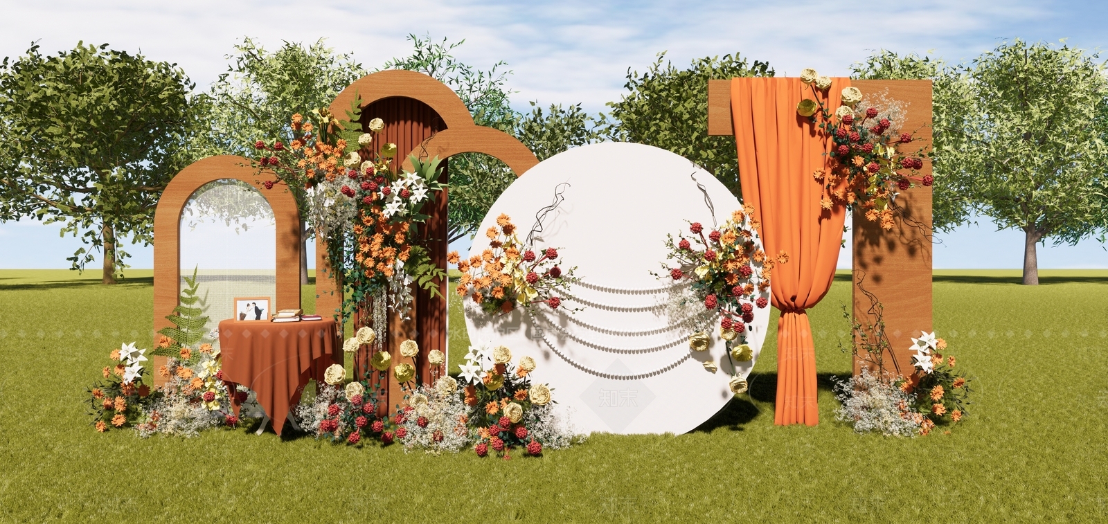 现代木质户外草坪婚礼花艺美陈SU模型下载【ID:1136570292】
