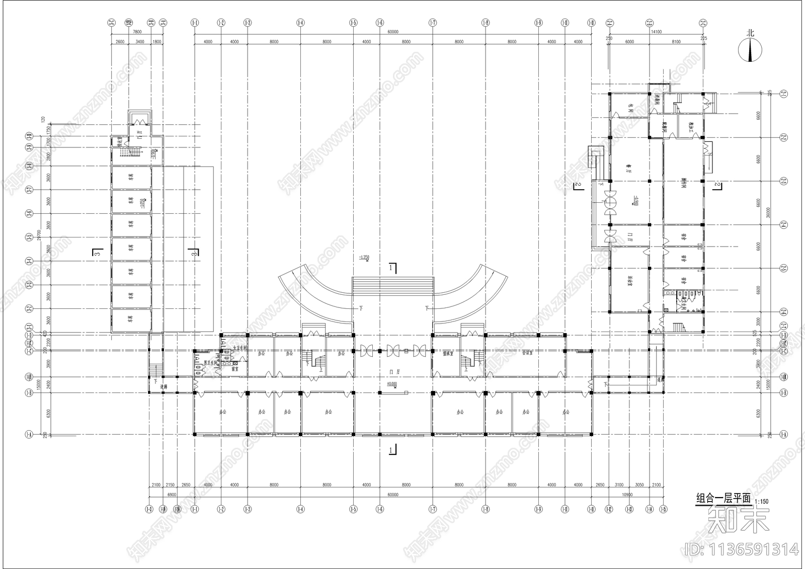 大型办事处社区服务中心建筑cad施工图下载【ID:1136591314】