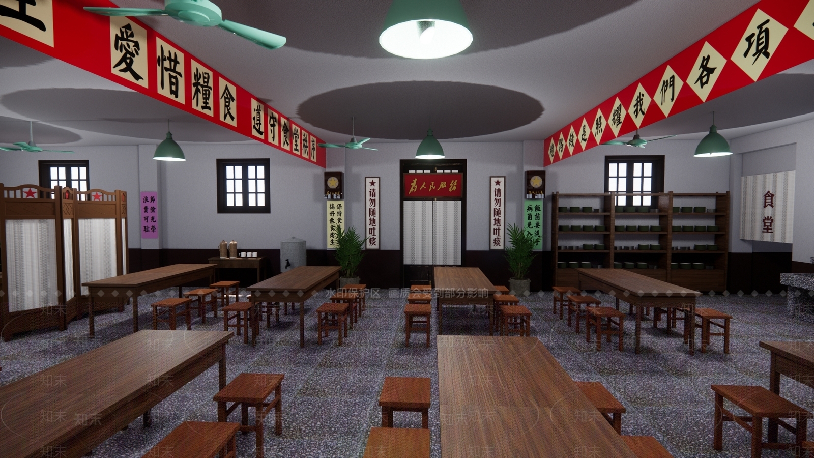 现代复古工人食堂SU模型下载【ID:1136601941】