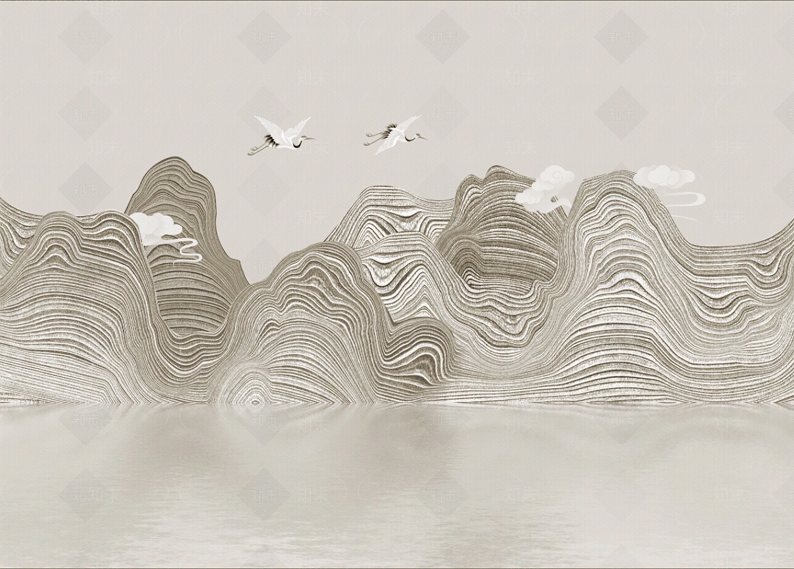 新中式山水祥云仙鹤壁画壁纸贴图下载【ID:1136609867】