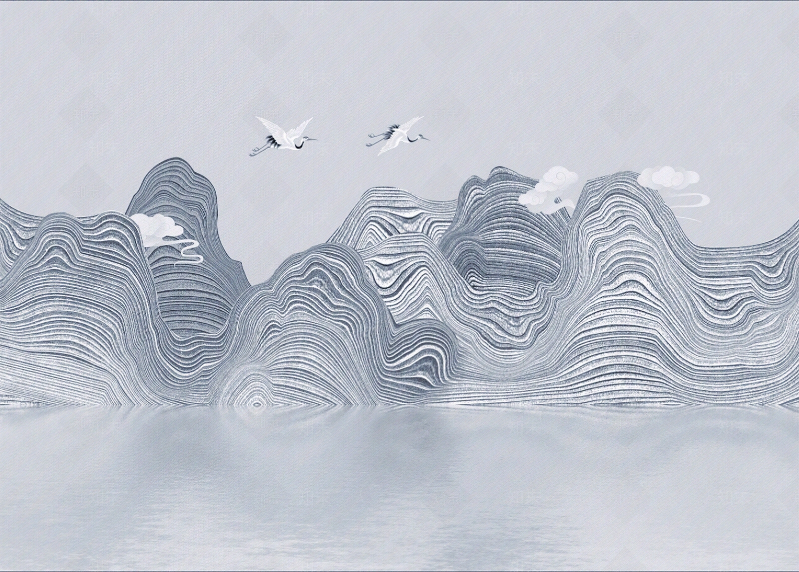 新中式山水祥云仙鹤壁画壁纸贴图下载【ID:1136609912】