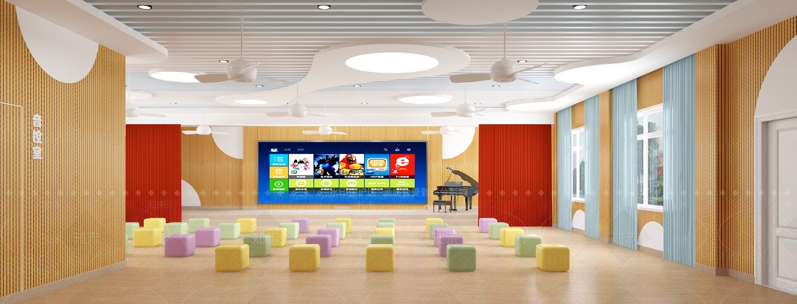 现代幼儿园多功能厅3D模型下载【ID:1136610799】