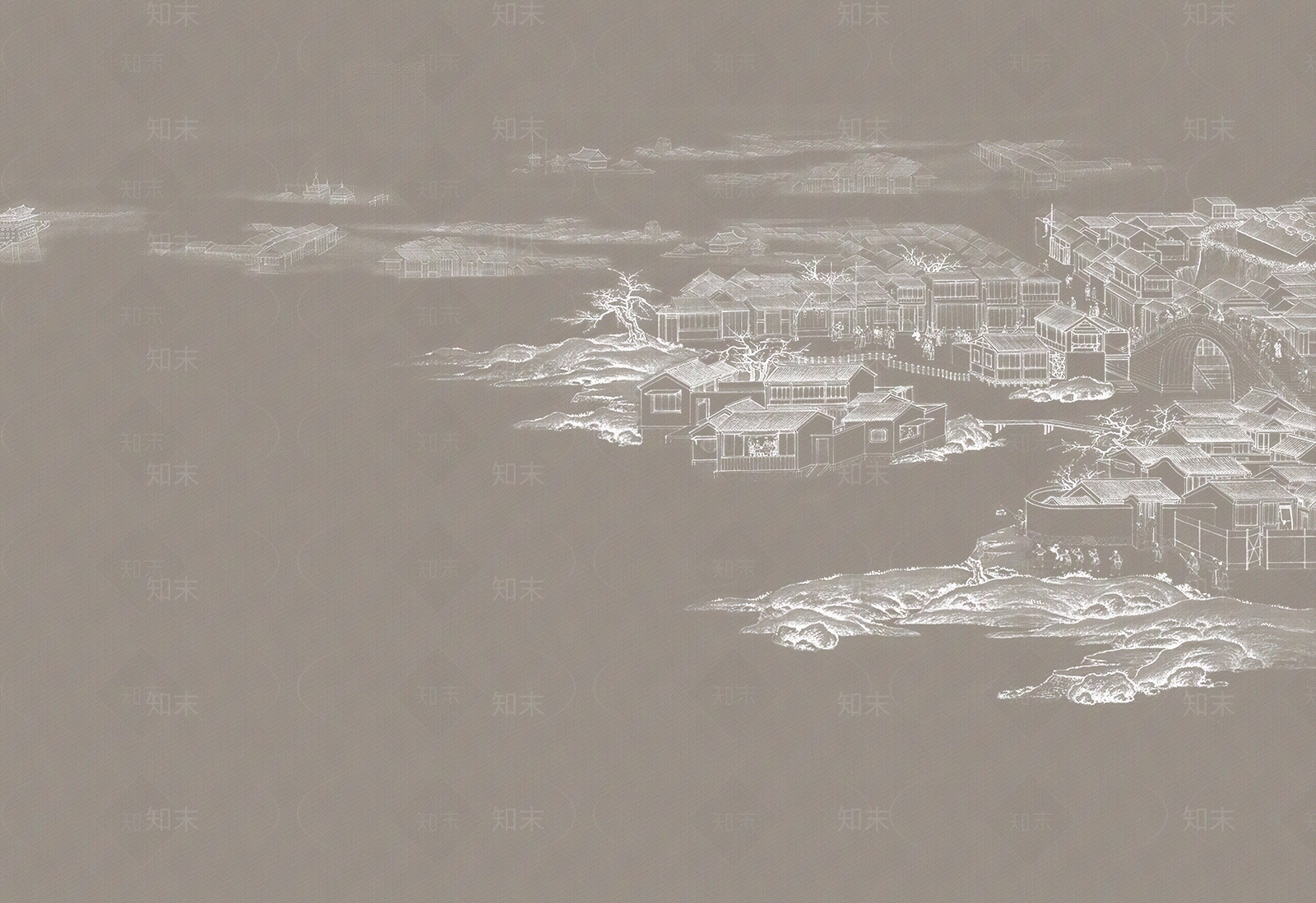 新中式山水庭院壁画壁纸贴图下载【ID:1136611091】