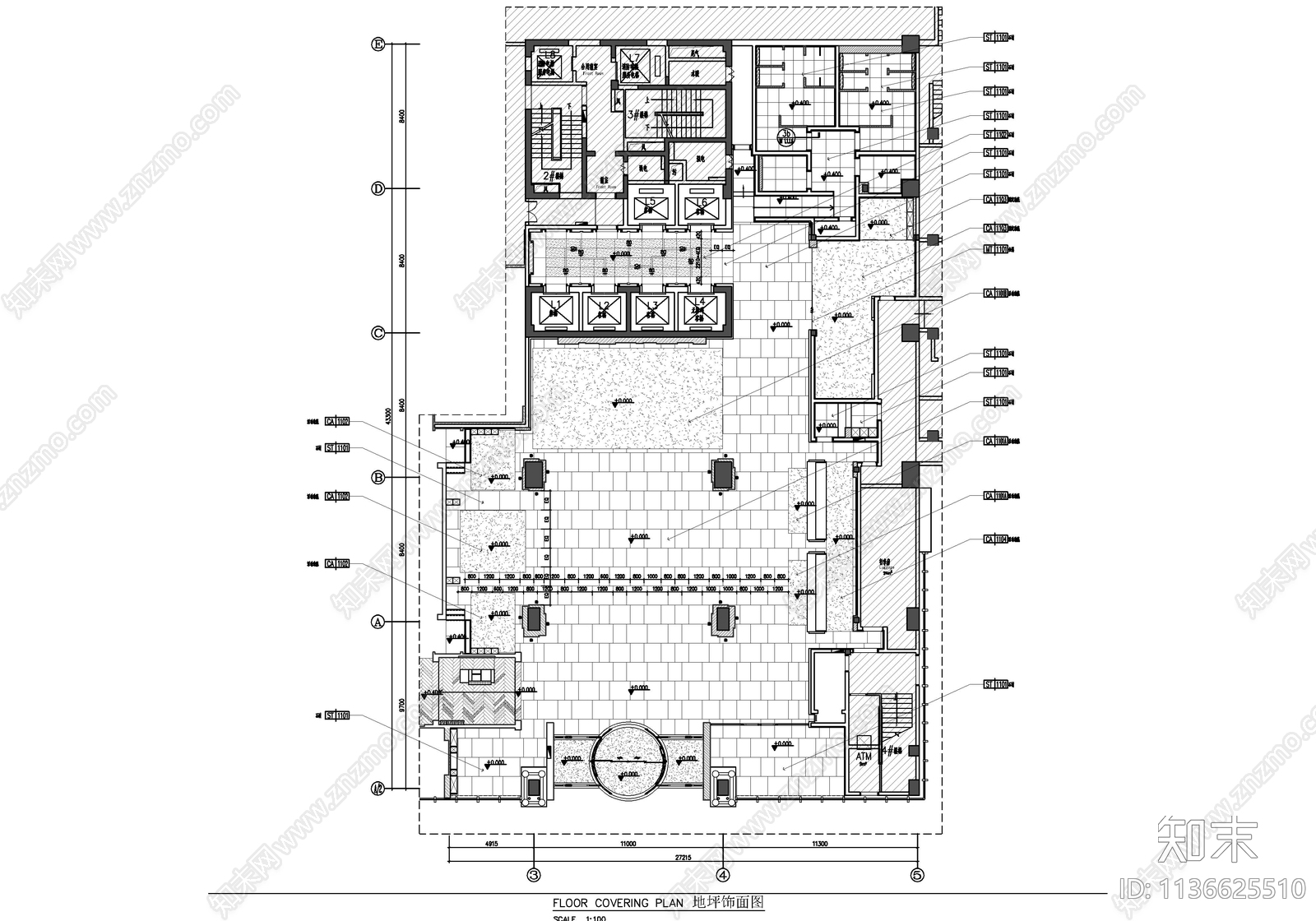 1000㎡酒店大堂及大堂吧cad施工图下载【ID:1136625510】