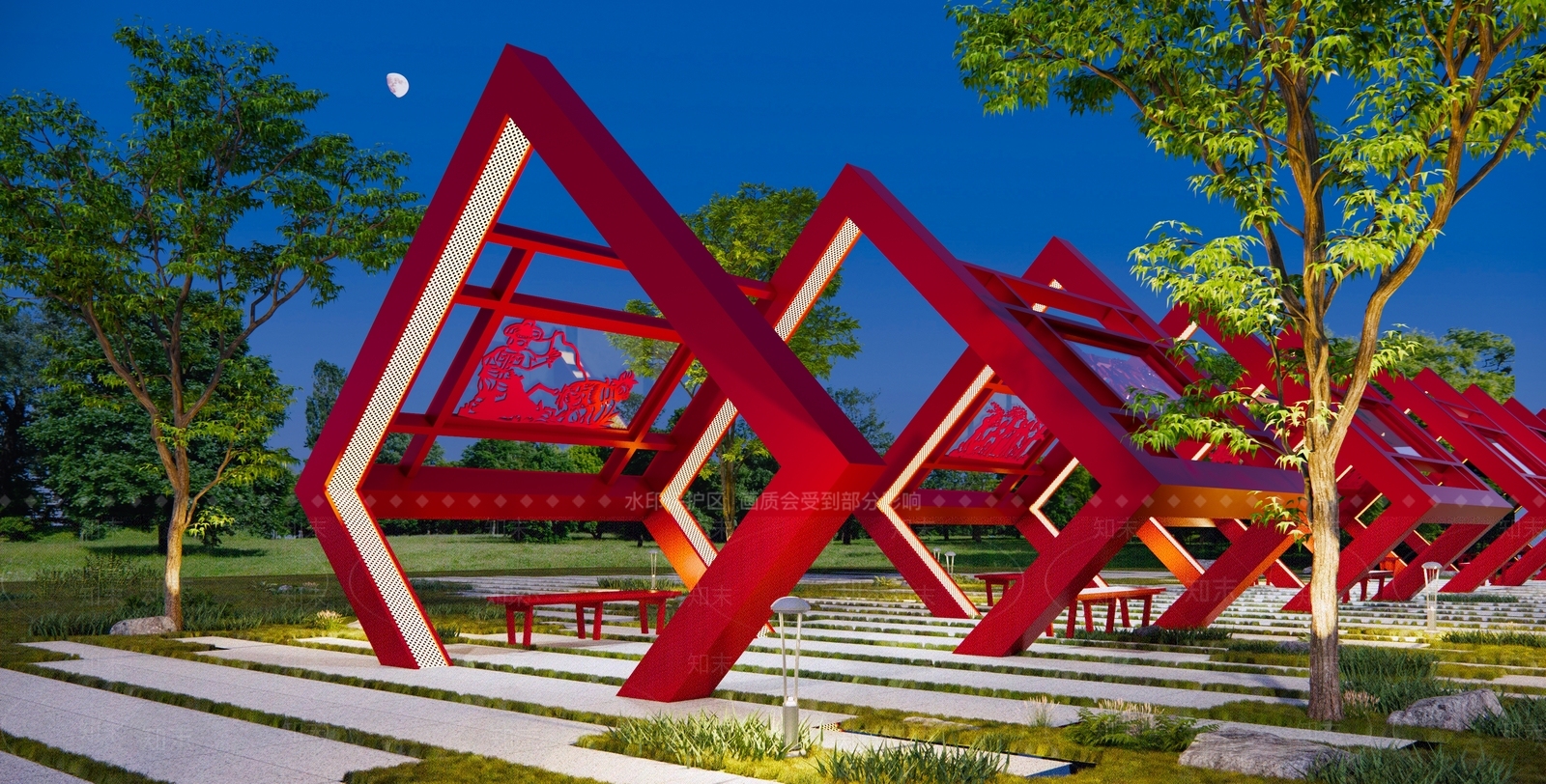 现代红色文化宣传廊架SU模型下载【ID:1136628574】