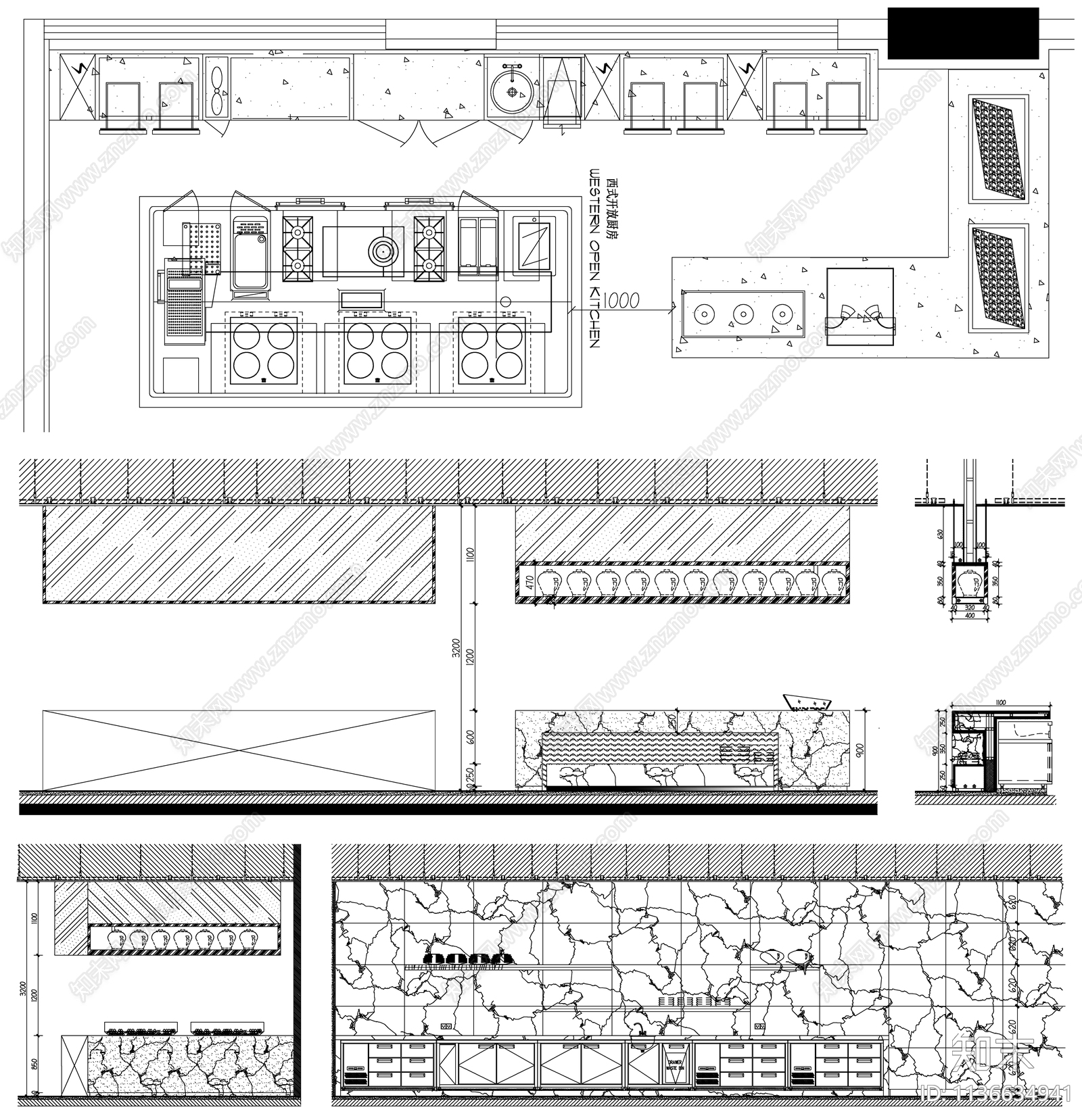 吧台水吧开放式厨房备餐柜施工图下载【ID:1136634941】