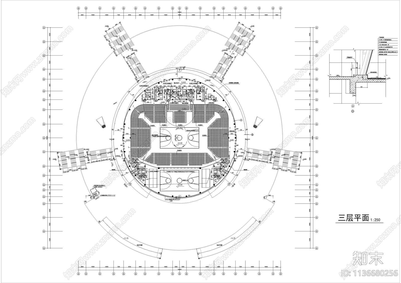 四层大型体育馆建筑cad施工图下载【ID:1136680256】