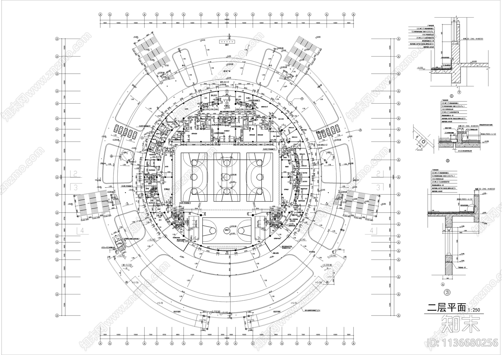 四层大型体育馆建筑cad施工图下载【ID:1136680256】