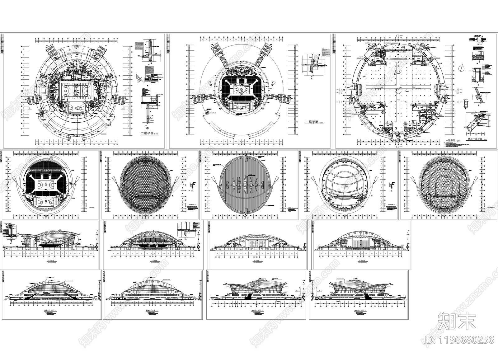 四层大型体育馆建筑cad施工图下载【ID:1136680256】