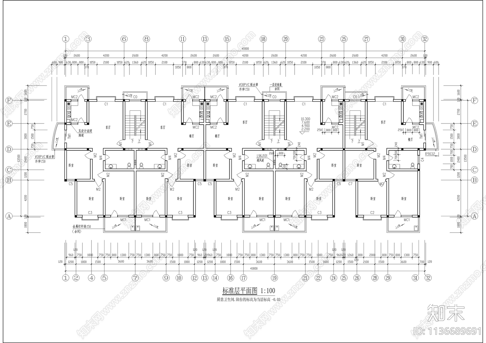 六层坡屋顶住宅楼建筑cad施工图下载【ID:1136689691】