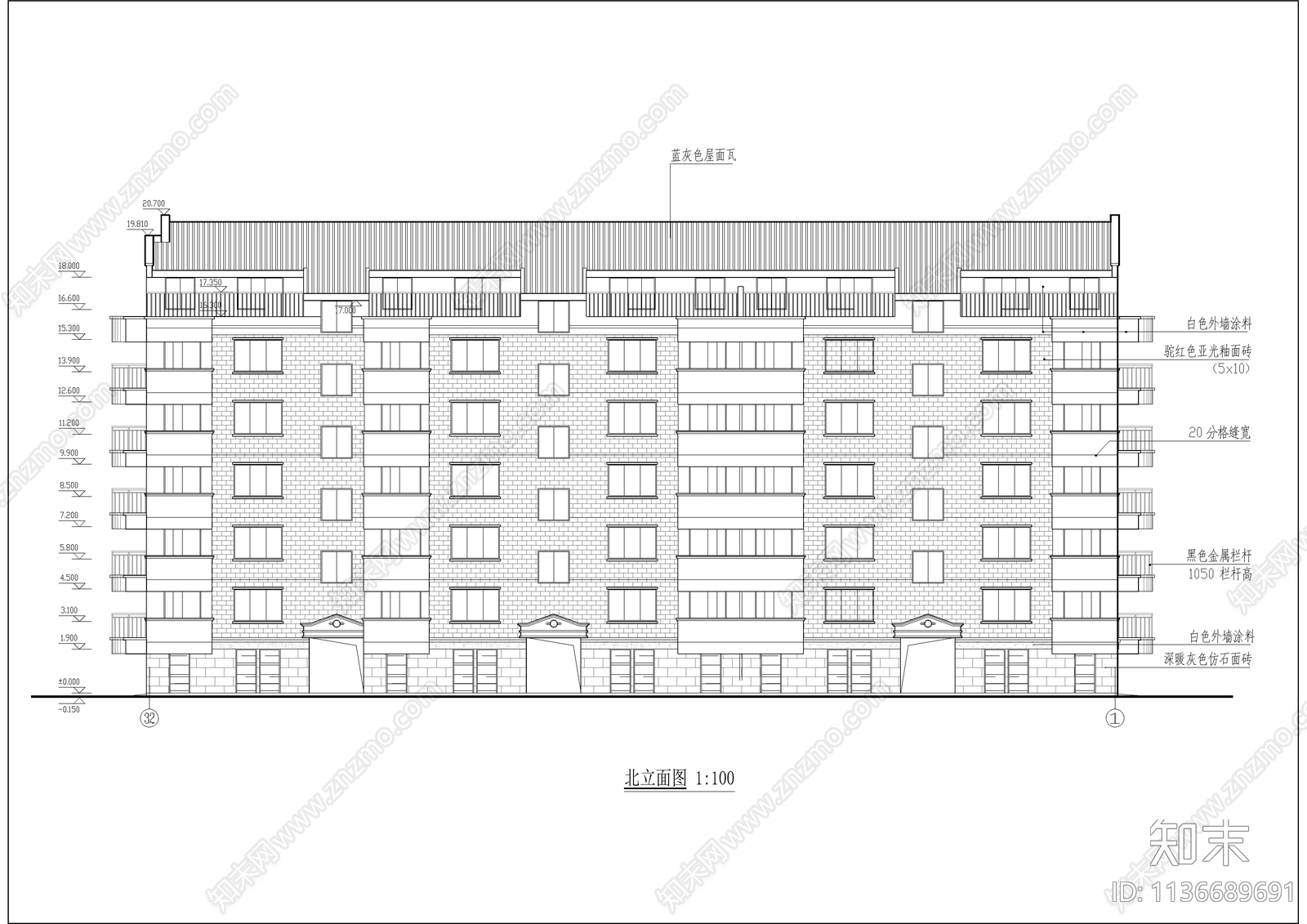 六层坡屋顶住宅楼建筑cad施工图下载【ID:1136689691】